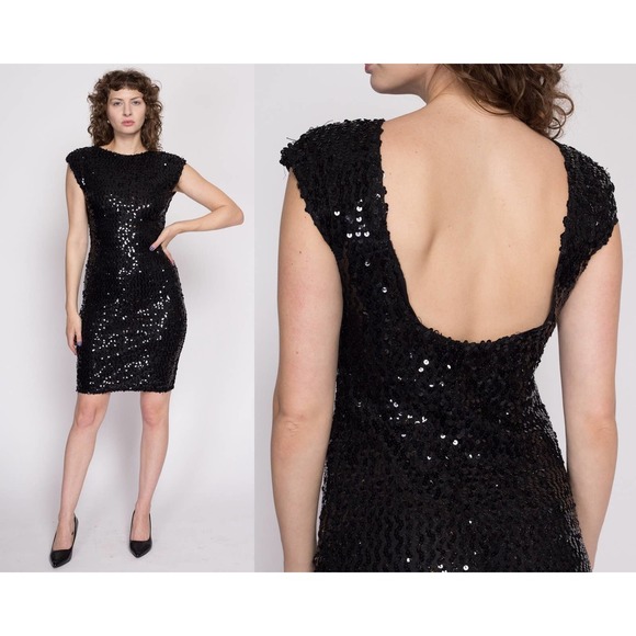 80s 90s Low Back Black Sequin Dress - Medium | Bodycon Cocktail Party Mini Dress - Picture 1 of 6